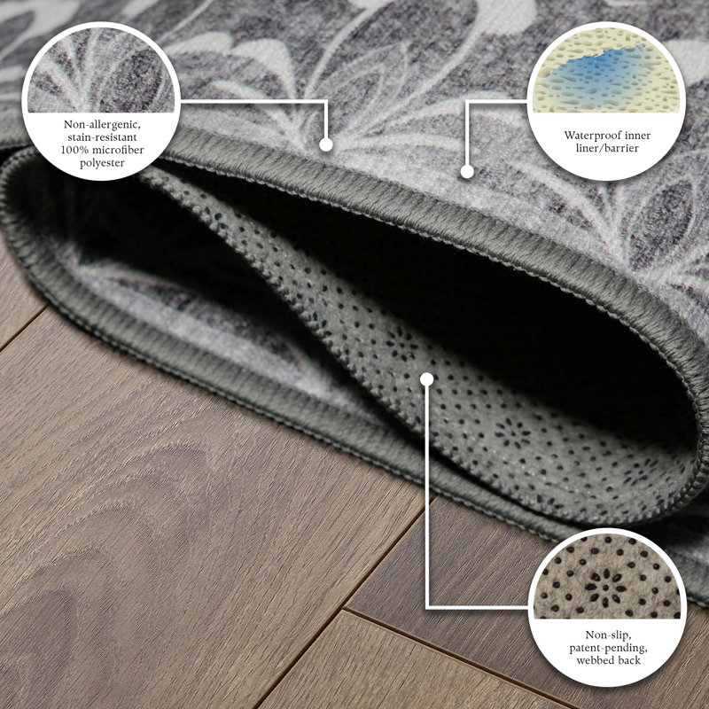 Gray Bordered 5' x 7' Washable Synthetic Rug