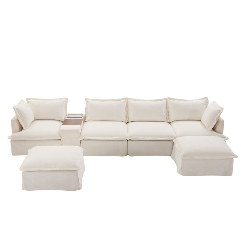 Modular Sectional Sofa with Movable Storage Ottoman and Console, Beige Chenille