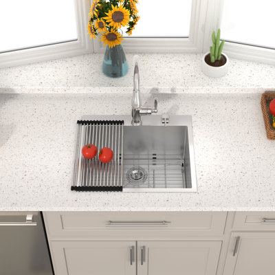 Stainless Steel 25" L x 22" W Drop-In Kitchen Bar Sink Single Bowl Topmount Kitchen Sink with Two Faucet Holes