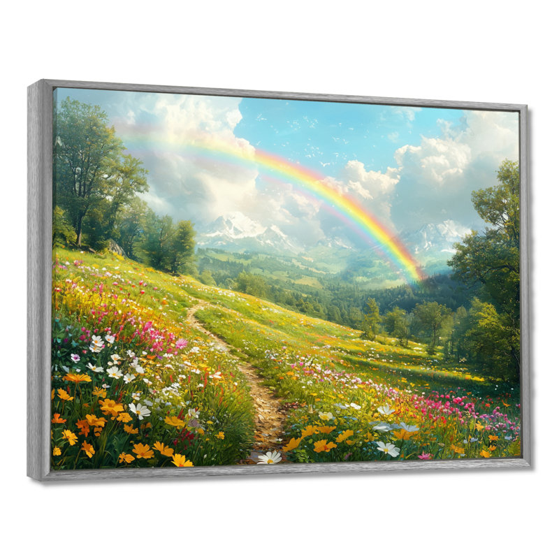 Arc-en-ciel au-dessus de la prairie au printemps II - art mural arc-en-ciel, Encadrement argenté, H 24 po x l 32 po