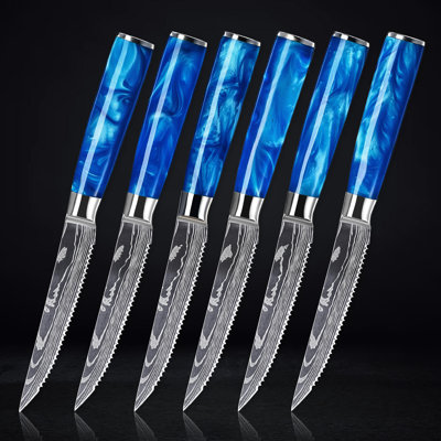     Ensemble de couteaux à steak en acier inoxydable à haute teneur en carbone 6 pièces «Cerulean» Senken Knives avec motif de lame damas et poignées en résine époxy