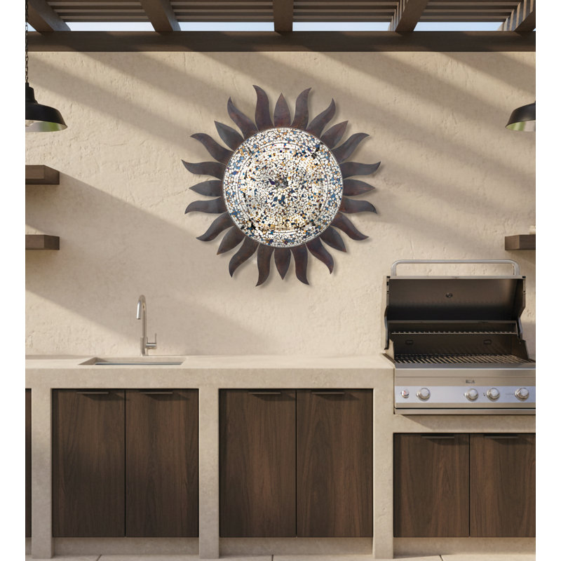 Décoration murale d'extérieur 36 pouces en forme de lune et étoiles céleste en métal et verre avec finition multicolore résistante aux intempéries pour une utilisation intérieure et extérieure