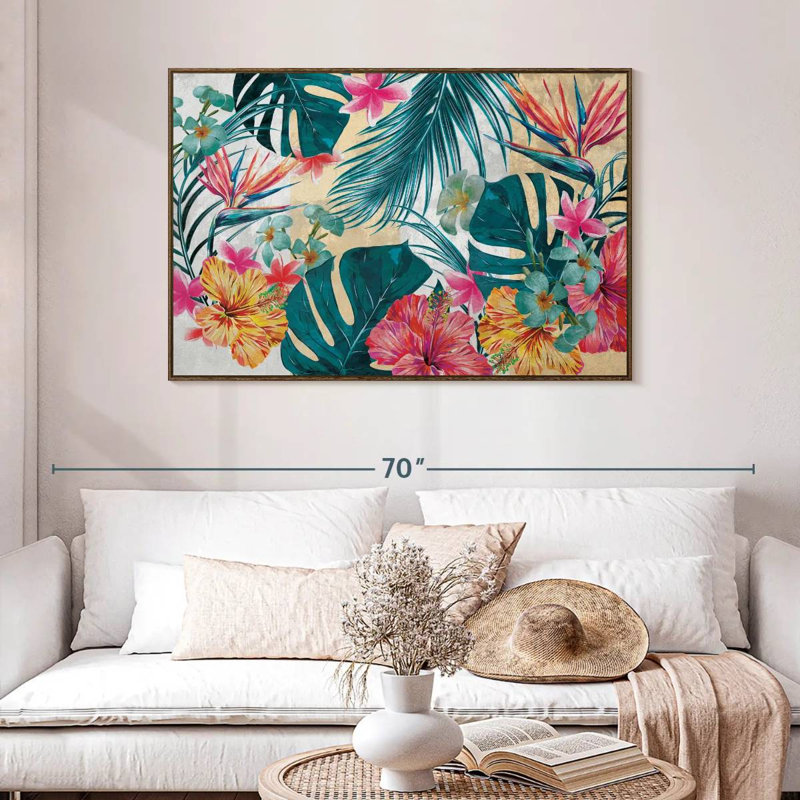 Flore tropicale, 46 po x 31 po, Cadre flottant en noyer