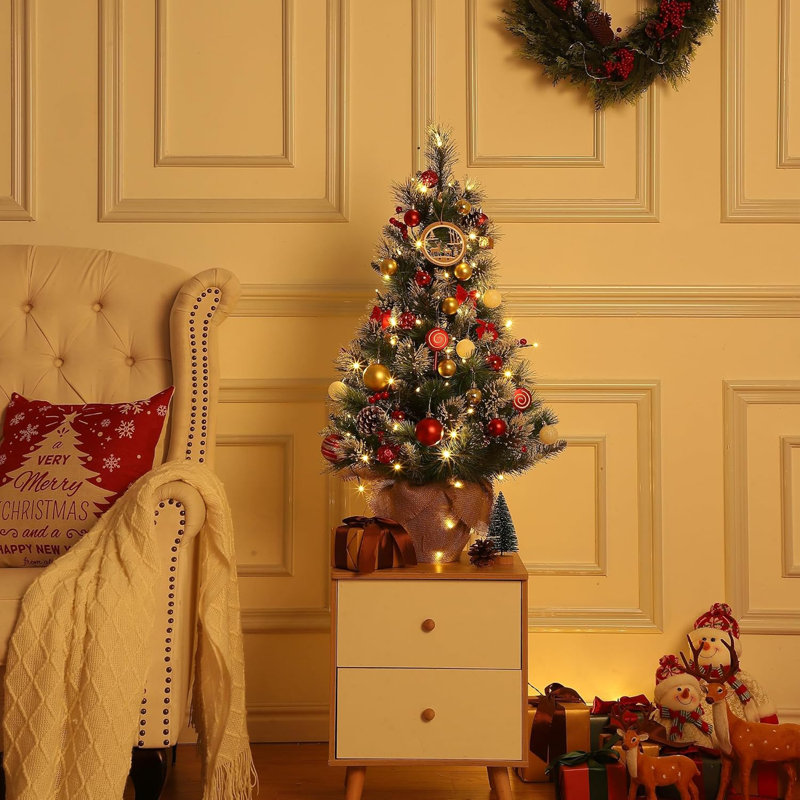 Arbre de Noël, arbres de Noël artificiels pré-éclairés de 3 pi avec base en pot, petit arbre de Noël enneigé avec 70 lumières DEL, décoration de Noël, fonctionnement à pile et minuterie