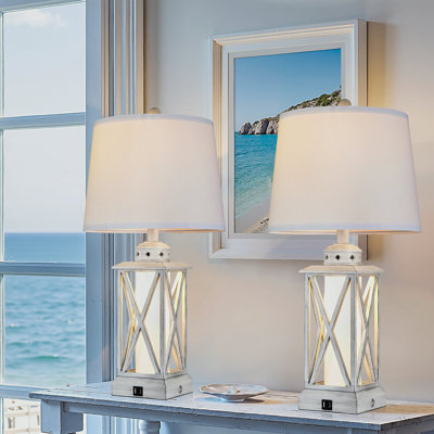 26" Metal, Dimmable, Distressed White, Coastal Table Lamp with Night Light (Bulb Included)