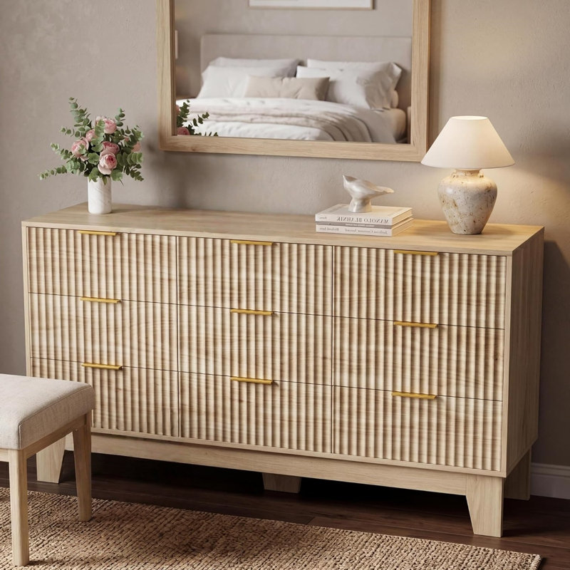 9 Drawer Dresser for Bedroom, 59" Wide Modern Fluted Dresser with Gold Metal Handles, Chest of Drawers for Bedroom, Living Room, Entryway, Hallway