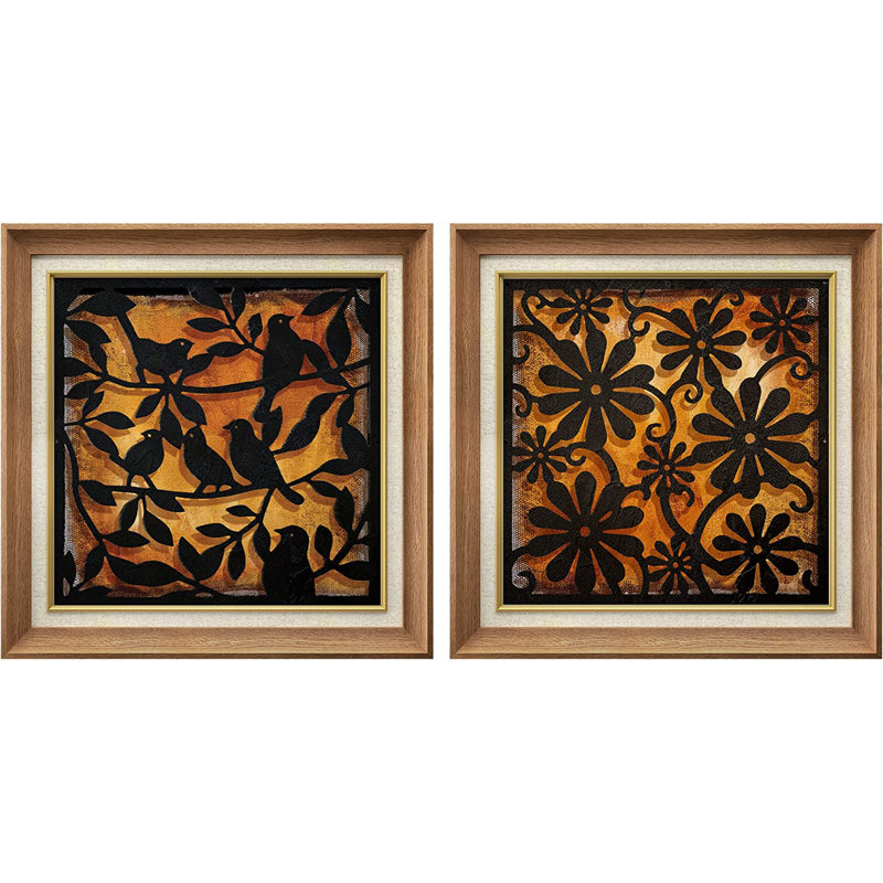 Automne, fleur noire et orange - ensemble de 2 peintures sur toile encadrées, Naturel