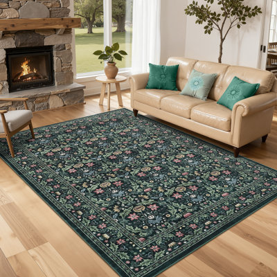 Tapis lavable à motif floral antidérapant à poils longs pour le salon