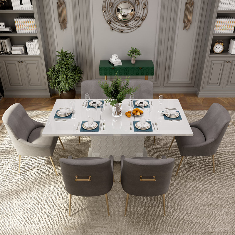 Magallanes 6-Person Extendable Table Dining Set with Velvet Dining Chair, White, Gray