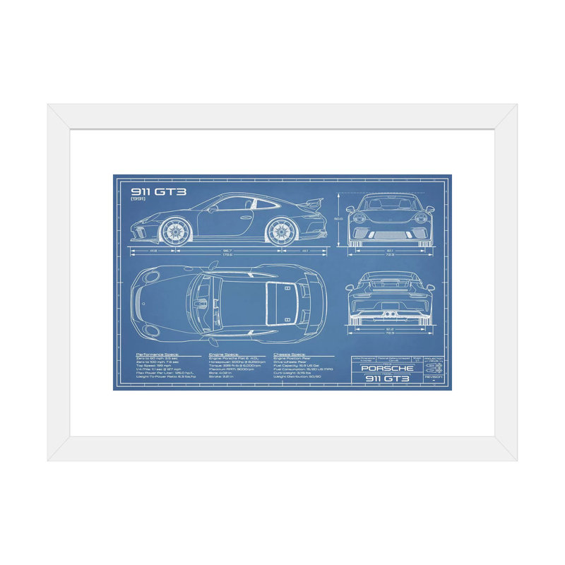 Conception de la 911 GT3 (991) de la compagnie - impression de dessin, Papier encadré blanc, Blanc