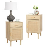 Cirsten Tall Nightstands Set Of 2, End Table, Side Table With Drawer And Shelf, Hand Made Rattan Decorated Doors, Wood Accent Table With Storage For Bedroom, 2 Pack