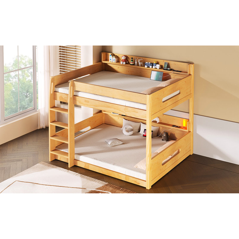 Grand lit superposé surélevé de couleur bois, tablettes de rangement et charge en pin massif, utilisation à long terme avec tablettes pratiques