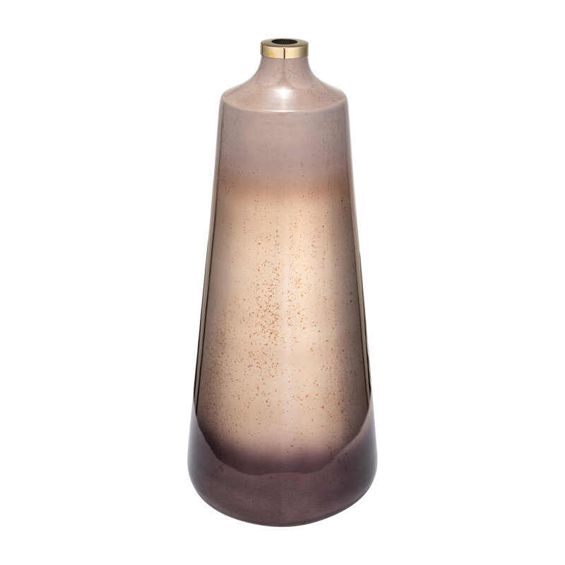 Tall Cylinder Glass Vase with Tapered Neck and Gold Metal Accent Ring Featuring Glam Style and Translucent Speckled Body Design for Decorative Display and Modern Interior Styling.