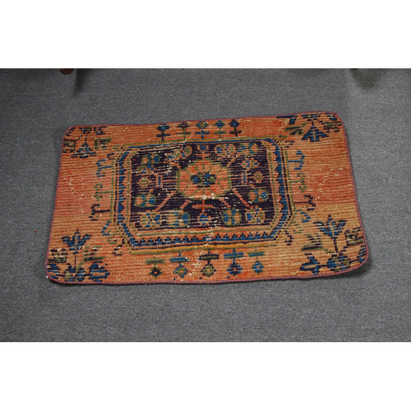 Small Vintage Turkish Oushak Rug in Vibrant Orange Wool Design Ideal As Decorative Door Mat Or Accent Area Rug for Your Home