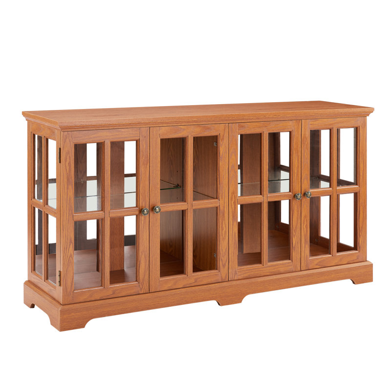 Vitrine rétro à quatre portes avec éclairage à DEL personnalisable, tablettes réglables, fermeture magnétique, finition chêne pour la présentation de l'intérieur de la maison Armoire en verre antique, plateau de table élégant, support robuste