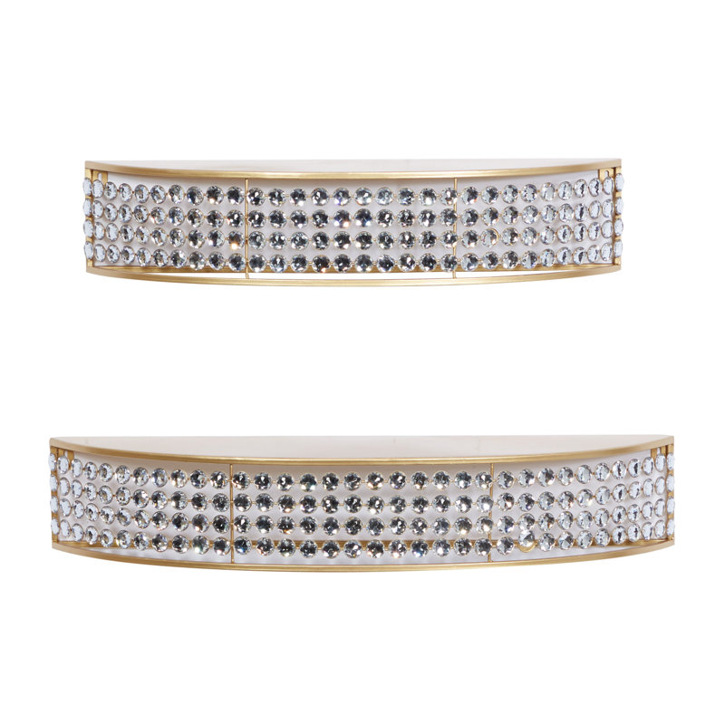 Étagère murale en métal doré demi-lune avec embellissements en cristal, ensemble de 2 