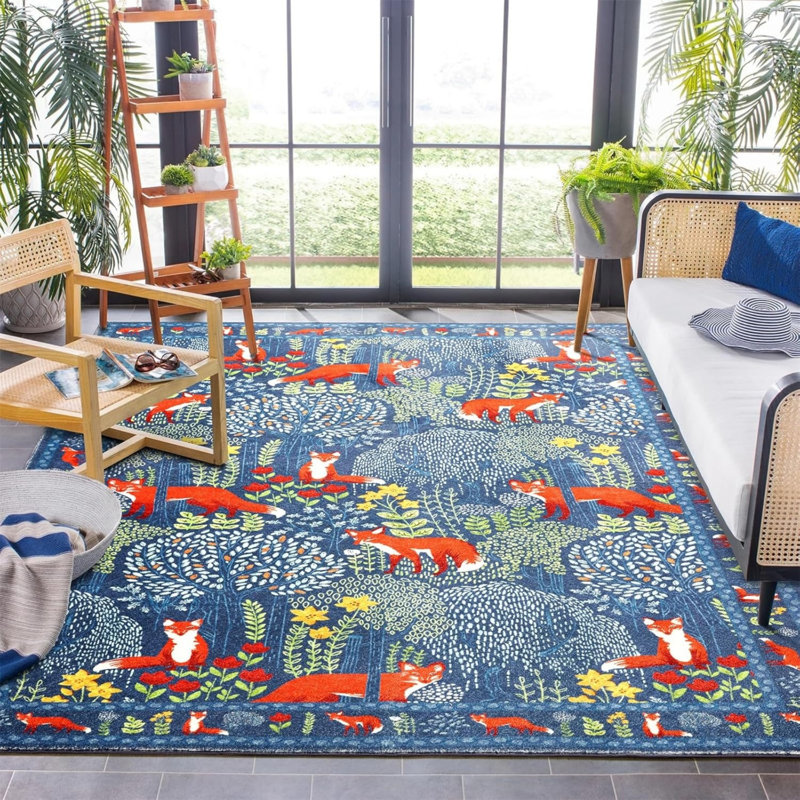 Tapis Woodland Fox 5 pi x 7 pi pour chambre d'enfant, bleu-orange