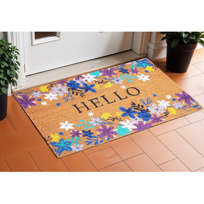 17" X 29" Purple Floral Hello Outdoor Coir Door Mat