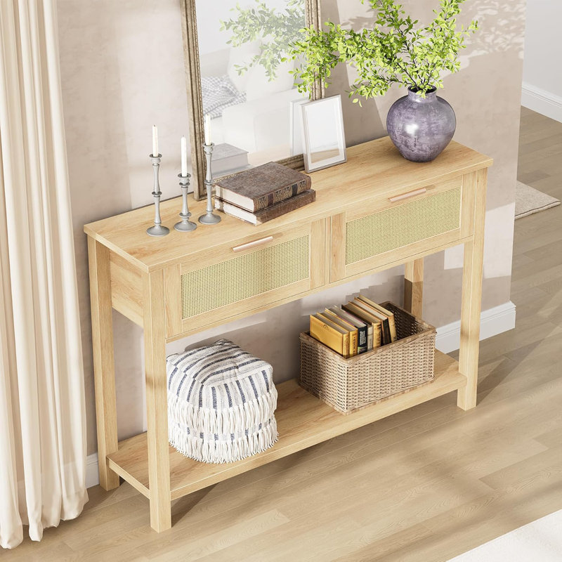 Zayer Rattan Entryway Table, 43" Console Table with Drawers, 2 Tier Sofa Table with Storage, Wooden Console Table for Entryway