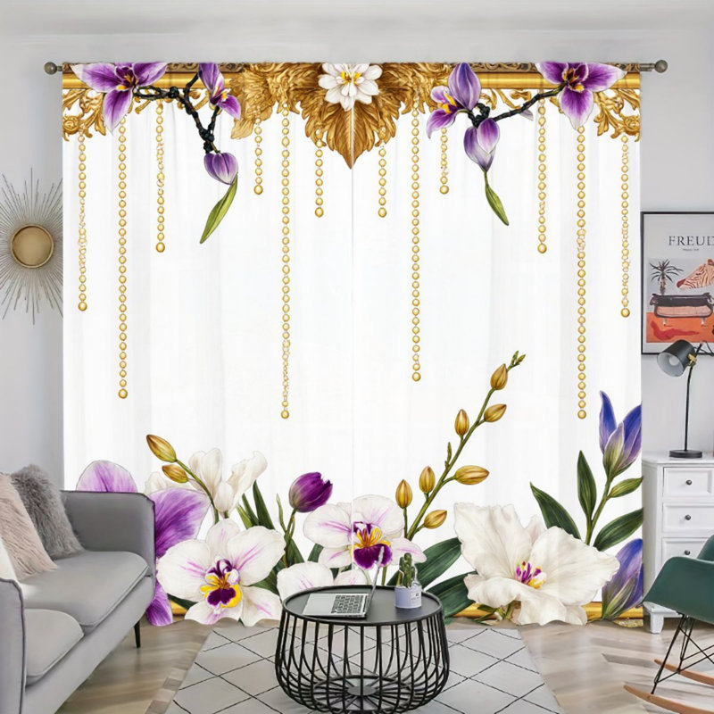 2PCS Luxury Floral and Golden Chain Pattern Light Filtering Curtain with Purple Orchid Gold Leaf Design, Elegant Home Decor, Easy Hang Rod Pocket, Year-Round Curtains for Living Room Bedroom Cabinet