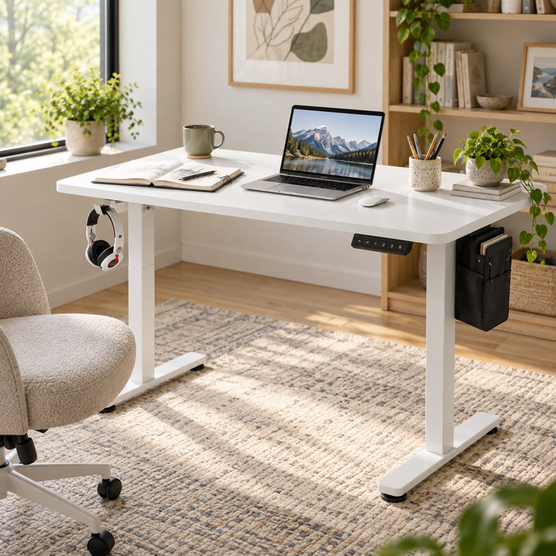 Bureau assis-debout électrique réglable en hauteur, poste de travail pour bureau à domicile, blanc