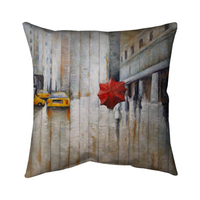 Red Umbrella in the Street - Contemporary – Outdoor Throw Pillow with Insert, Weather-Resistant