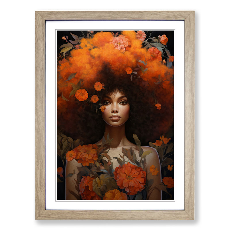 Woman With Curls Tachisme - Single Picture Frame Print on Wood, 46cm H x 34cm W x 2cm D, Oak