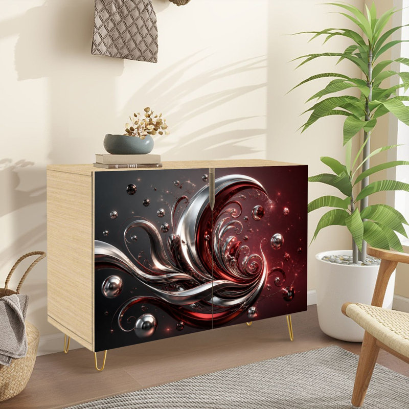 Buffet Buffet avec rangement à tourbillons métalliques abstraits sphères argent rouge avec 2 portes pour le salon et la cuisine