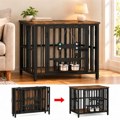 Large Foldable Dog Crate Furniture, Assembly-Free Dog Crate With Adjustable Bowls And Name Tag For Small, Medium, Large Dog