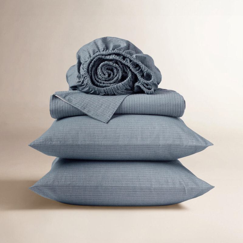 Organic Crinkled Percale™ 100% Cotton Sheet Set, California King Sheet Set with 2 Pillowcases, Indigo Chambray Stripe
