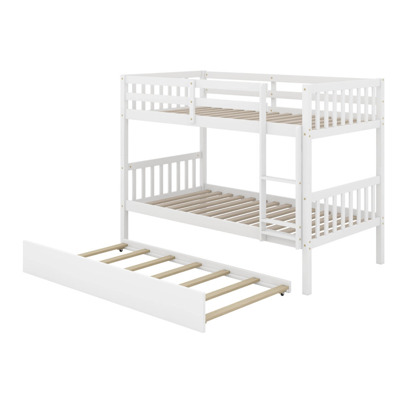  Lit superposé simple au-dessus de simple en bois d'hévéa avec lit gigogne Kamorian, convertible en 2 lits, Blanc