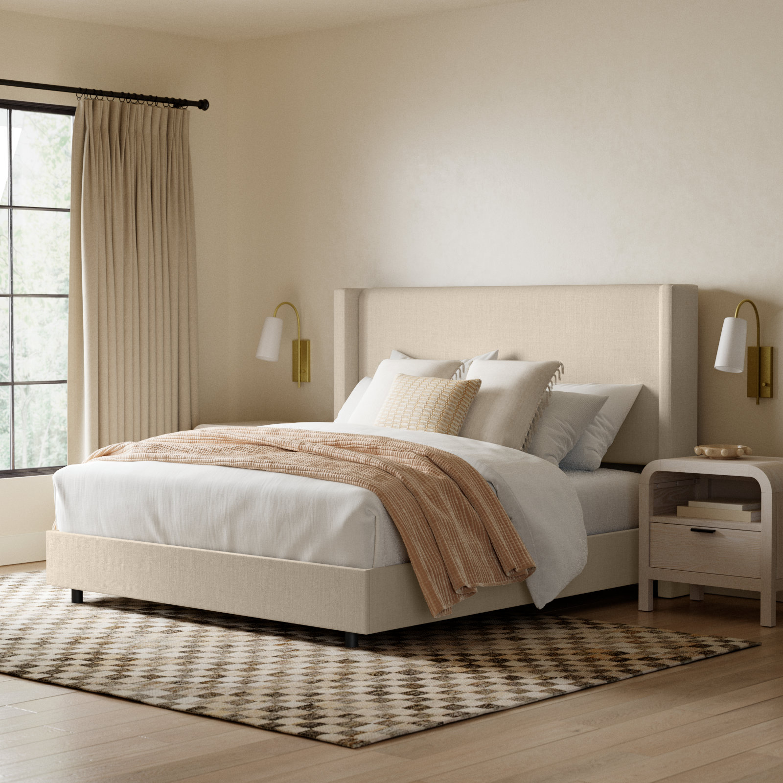 Hanson Upholstered Wingback Bed, Queen, Classic Linen Linen