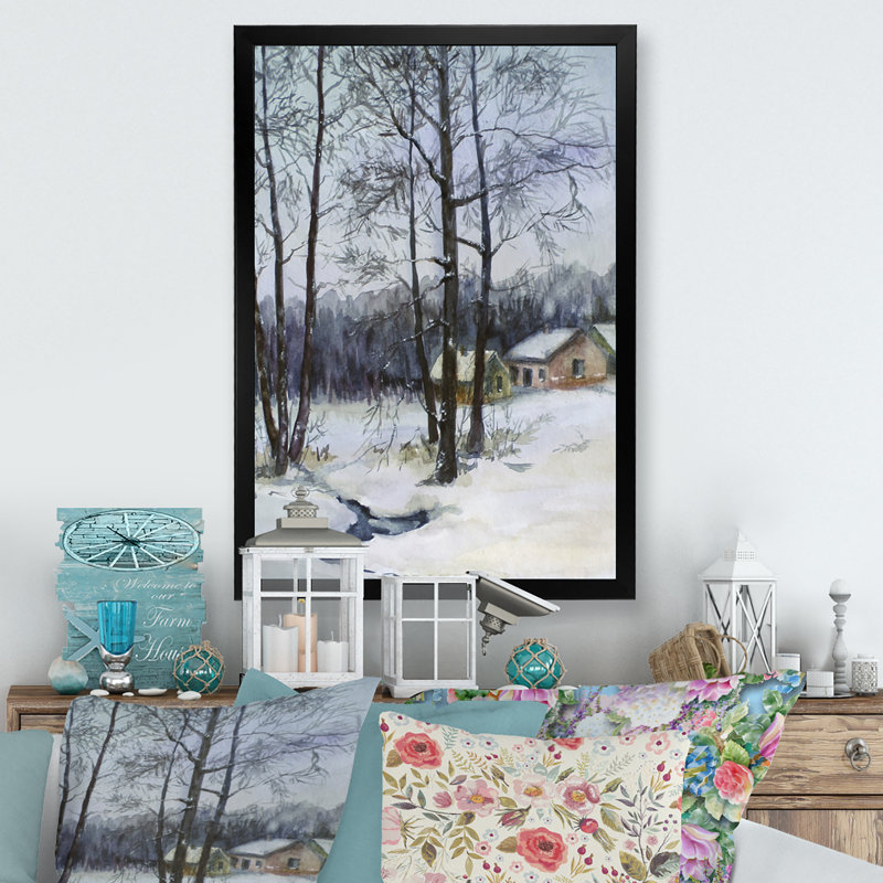 Cottage in Winter Landscape Scenery - Traditional, reproduction d'art sur toile