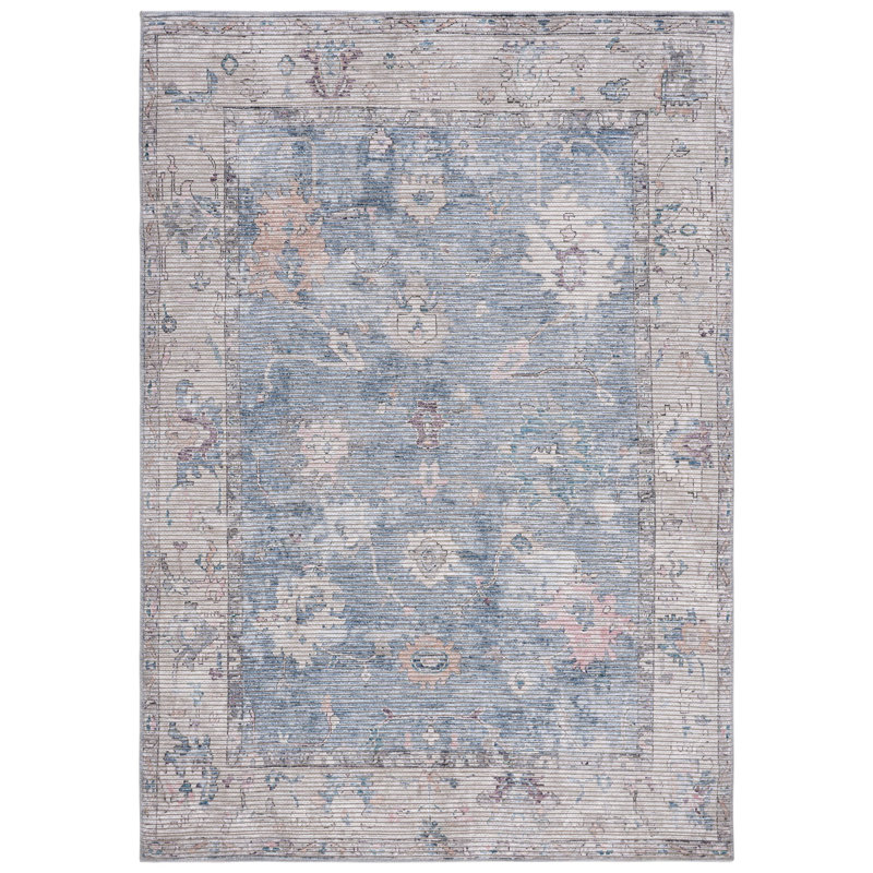 Tapis oriental bleu / beige en jute / coton tissé à la machine Mua, Carré 6 pi 7 po