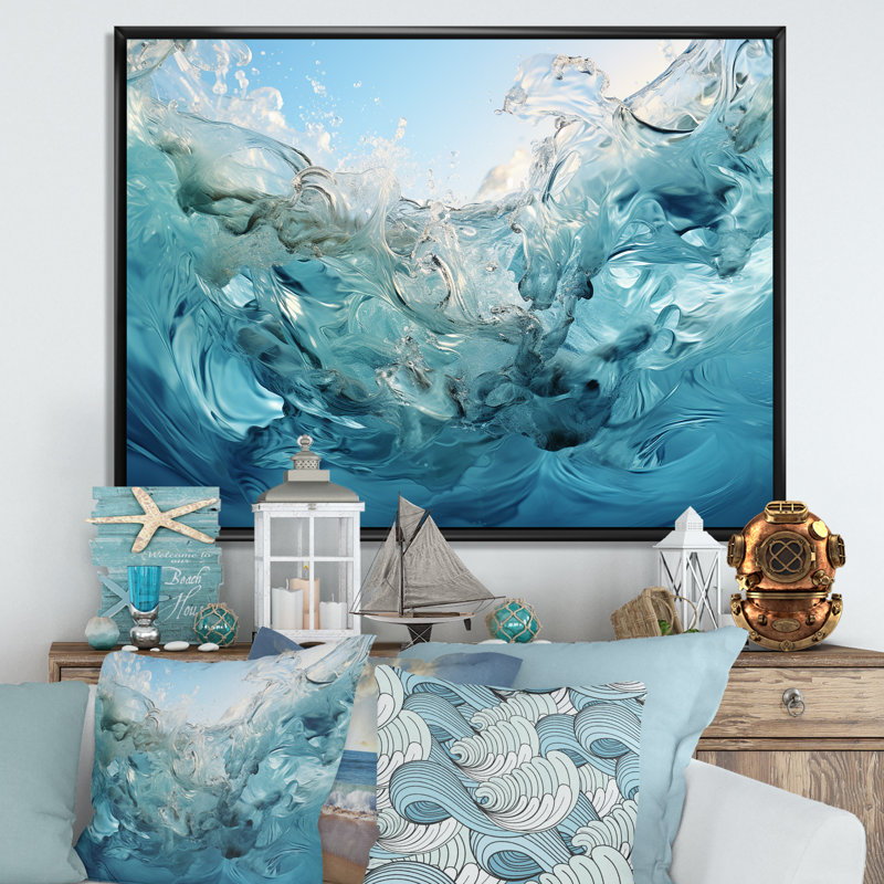 Fusion bleu marine et blanc III sur toile, Cadre flottant noir, H 16 po x l 32 po x P 1 po