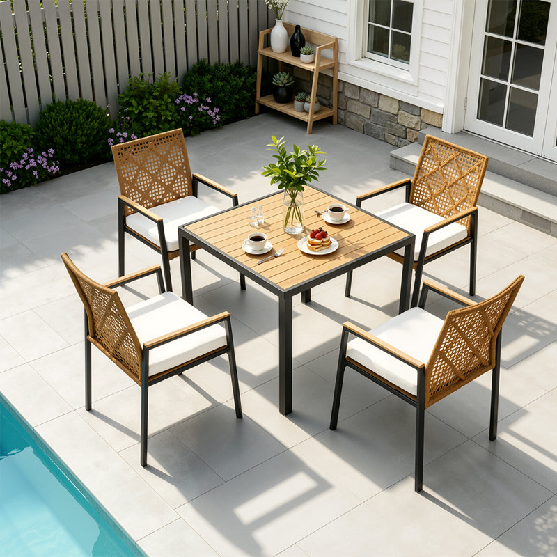 Ensemble repas 5 pièces avec plateau en bois d'acacia, chaises en rotin et trou pour parasol