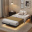 Base de lit flottante avec lumières à DEL avec lattes de métal et espace de rangement sous le lit-118619525
