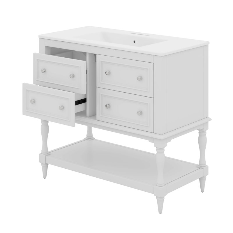 Meuble-lavabo 36 po avec lavabo simple, 4 tiroirs et tablette ouverte 36 po, Blanc