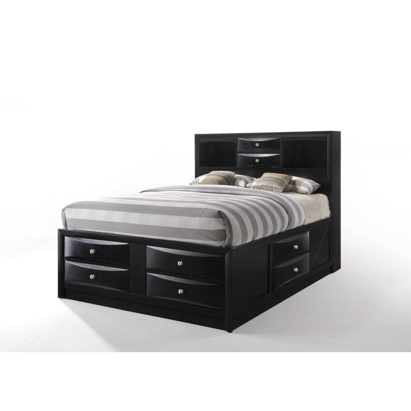Grand lit avec finition noire et rangement à 8 tiroirs, tête de lit à bibliothèque rectangulaire, 5 lattes de plateforme, matelas recommandé de 10 po