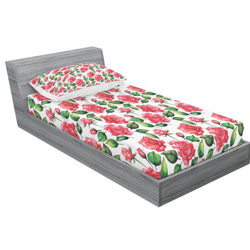 Ambesonne Fitted Sheet & Sham Set, Twin XL Sheet Set with 1 Pillowcase, Red/Green/White Floral 3