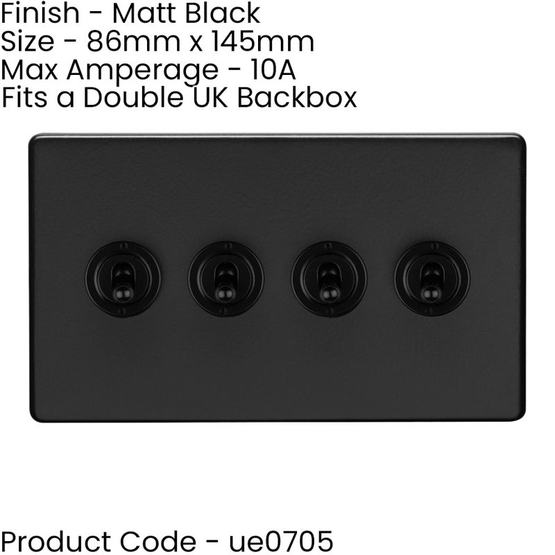 4 Gang Quad Retro Toggle Light Switch SCREWLESS MATT BLACK 10A 2 Way Lever, Black, Matte Black