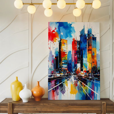 Toile, paysage urbain, aquarelle, bâtiments de grande hauteur avec couleurs vives, art mural prêt à accrocher
