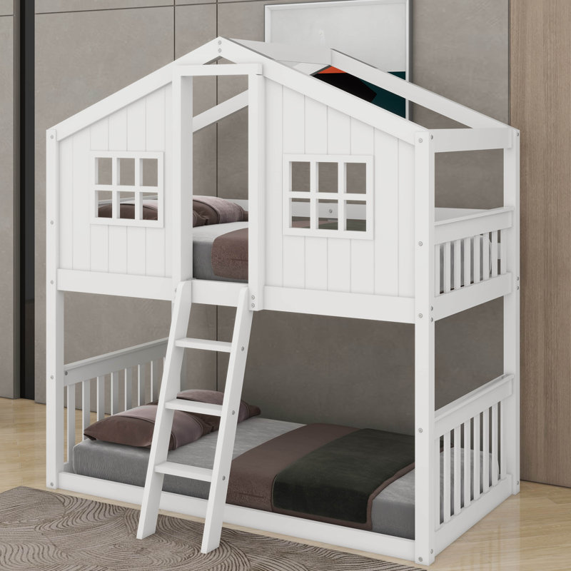 Twin Over Twin House Bunk Bed With Ladder, White