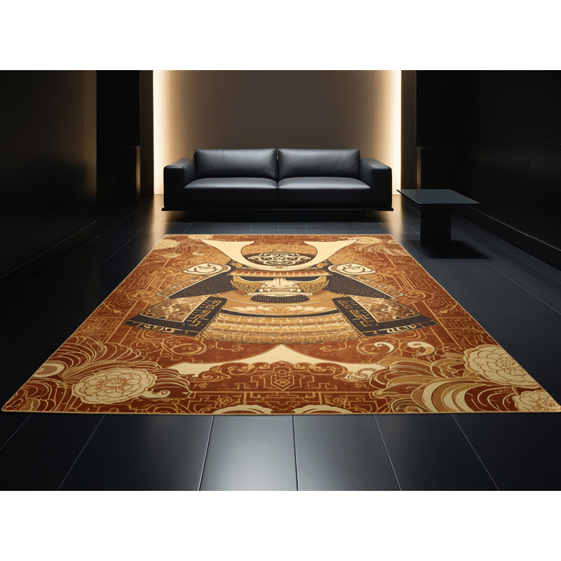 Tapis oriental traditionnel brun moelleux et doux à motif de casque Samurai Dunton - reliure brun clair, 4 x 2