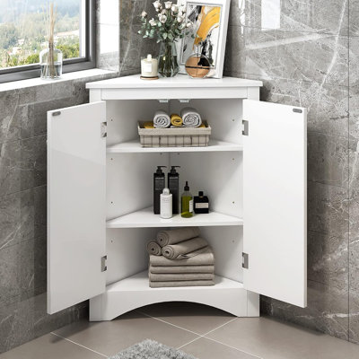 Armoire de rangement blanche à coin court - armoire de plancher à 2 portes avec tablettes réglables pour l'organisation à domicile