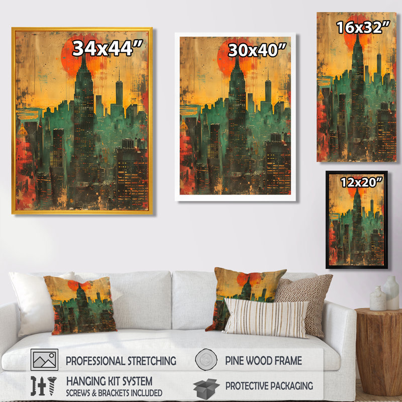 Rétro coucher de soleil sur Manhattan City - gratte-ciel, impression d'art mural, Toile encadrée noire simple