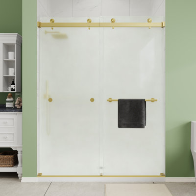 55"-60" Wx 72" H Double Sliding Frameless Shower Door in Brushed Gold with 1/4" (6mm) Frosted Glass, Aluminum Frame