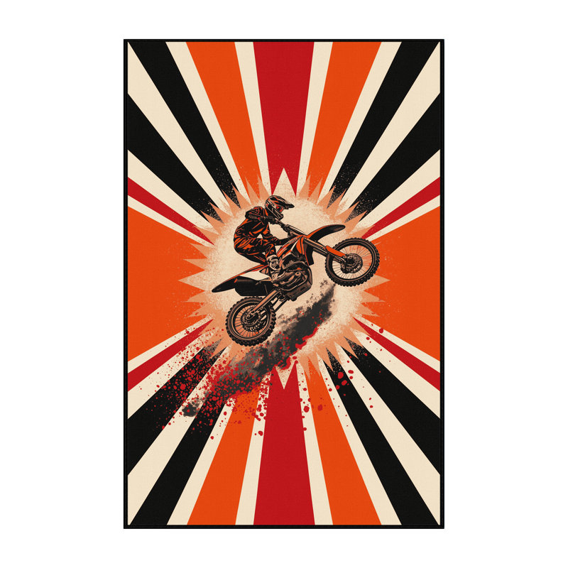 Machine Washable Aguilar Motocross Dirt Jump Bold & Eclectic Modern Starburst Rug in Red – Black Binding, 2x5