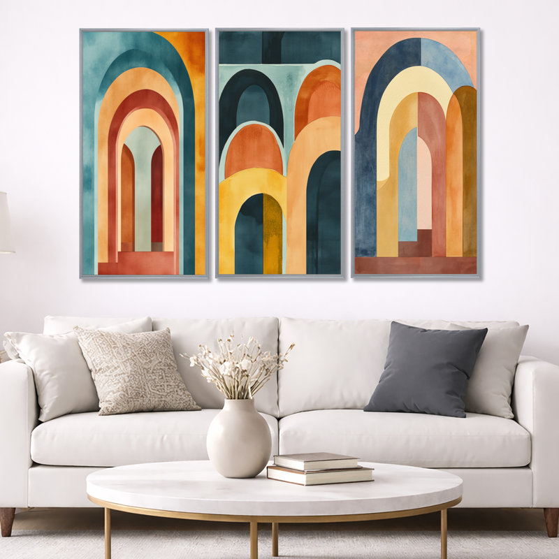 «Mute Archway», ensemble d'art mural encadré géométrique abstrait jaune, H 40 po x l 60 po, Silver Floater Framed