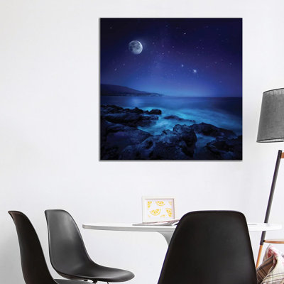 Rocks Seaside Against Rising Moon and Starry Field, Crete, Greece 1 Piece Wrapped Canvas Wall Art